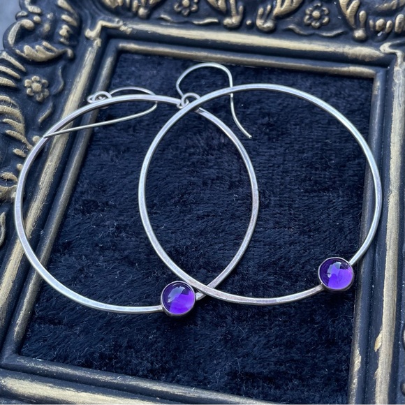 Sterling Silver Amethyst Hoop Earrings Handmade - Picture 2 of 5